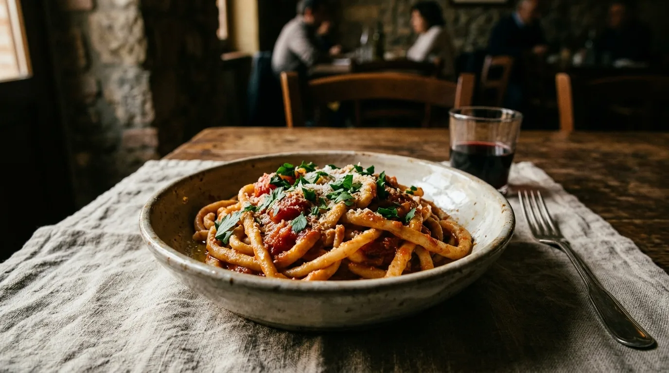 Ciriole alla ternana fatte a mano, condite con aglio, olio e pomodoro, servite in trattoria a Terni