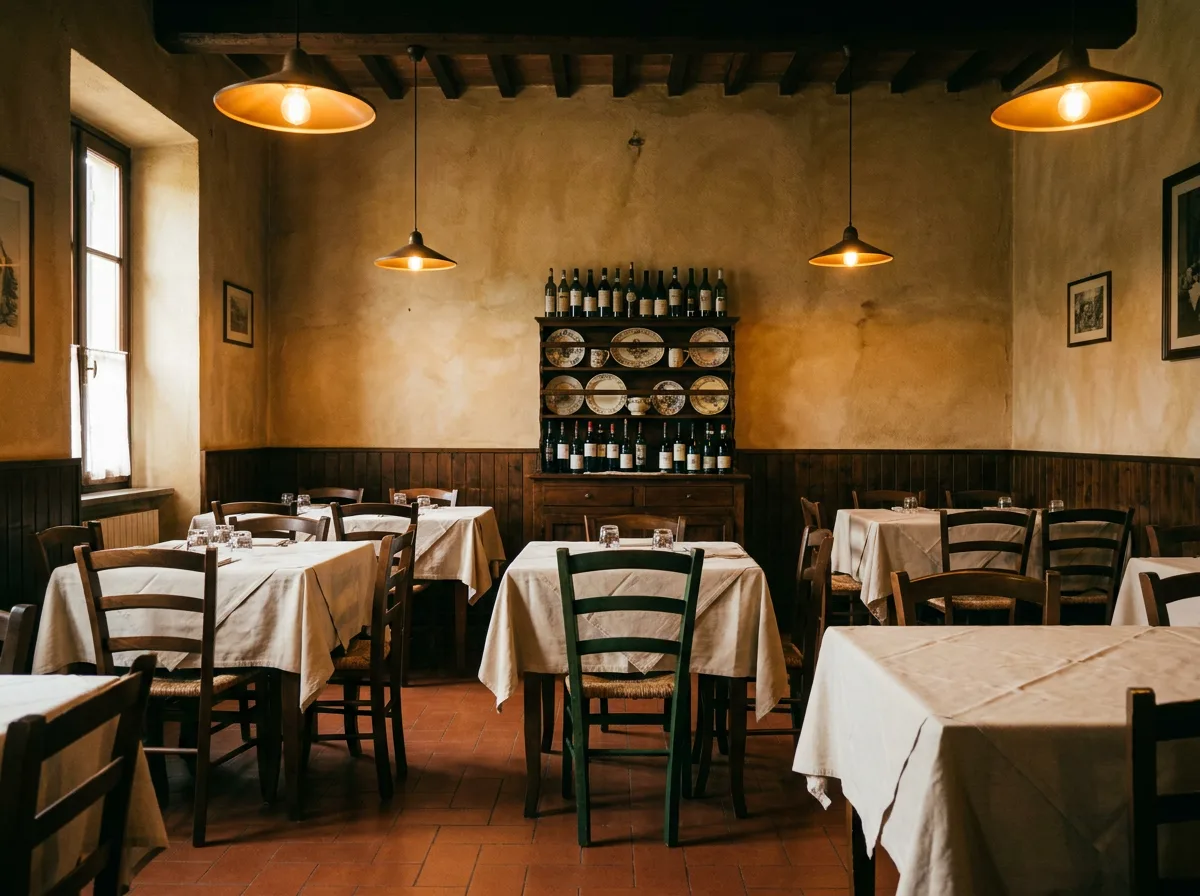 Sala interna della Trattoria del Nera a Terni: tavoli in legno, luce calda e atmosfera familiare
